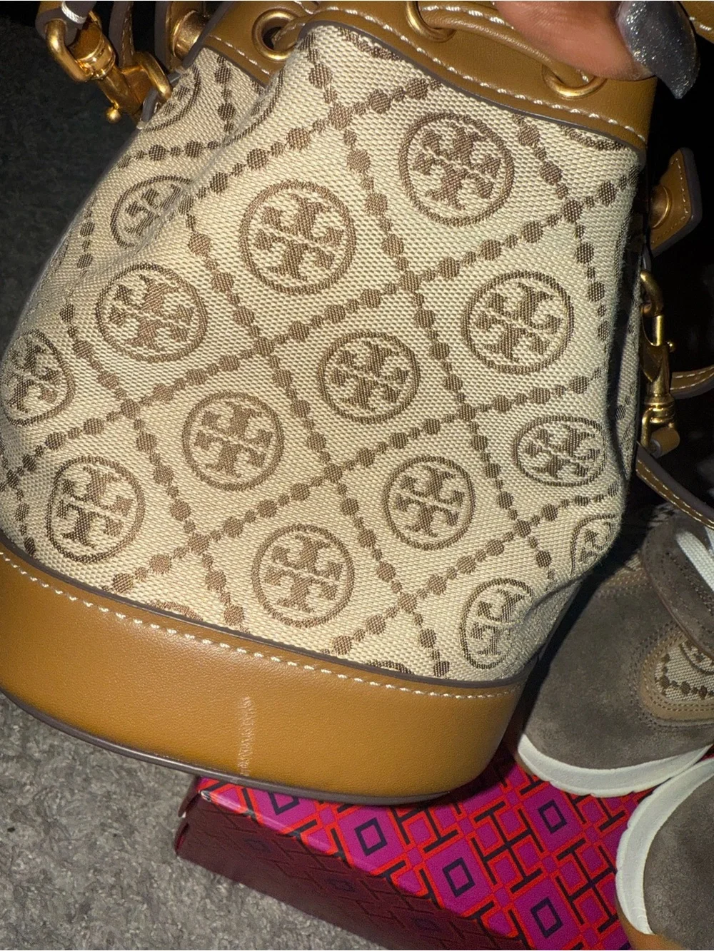Tory Burch Logo Suede & Canvas Sneakers & matching bucket-bag. Dust-bag too.